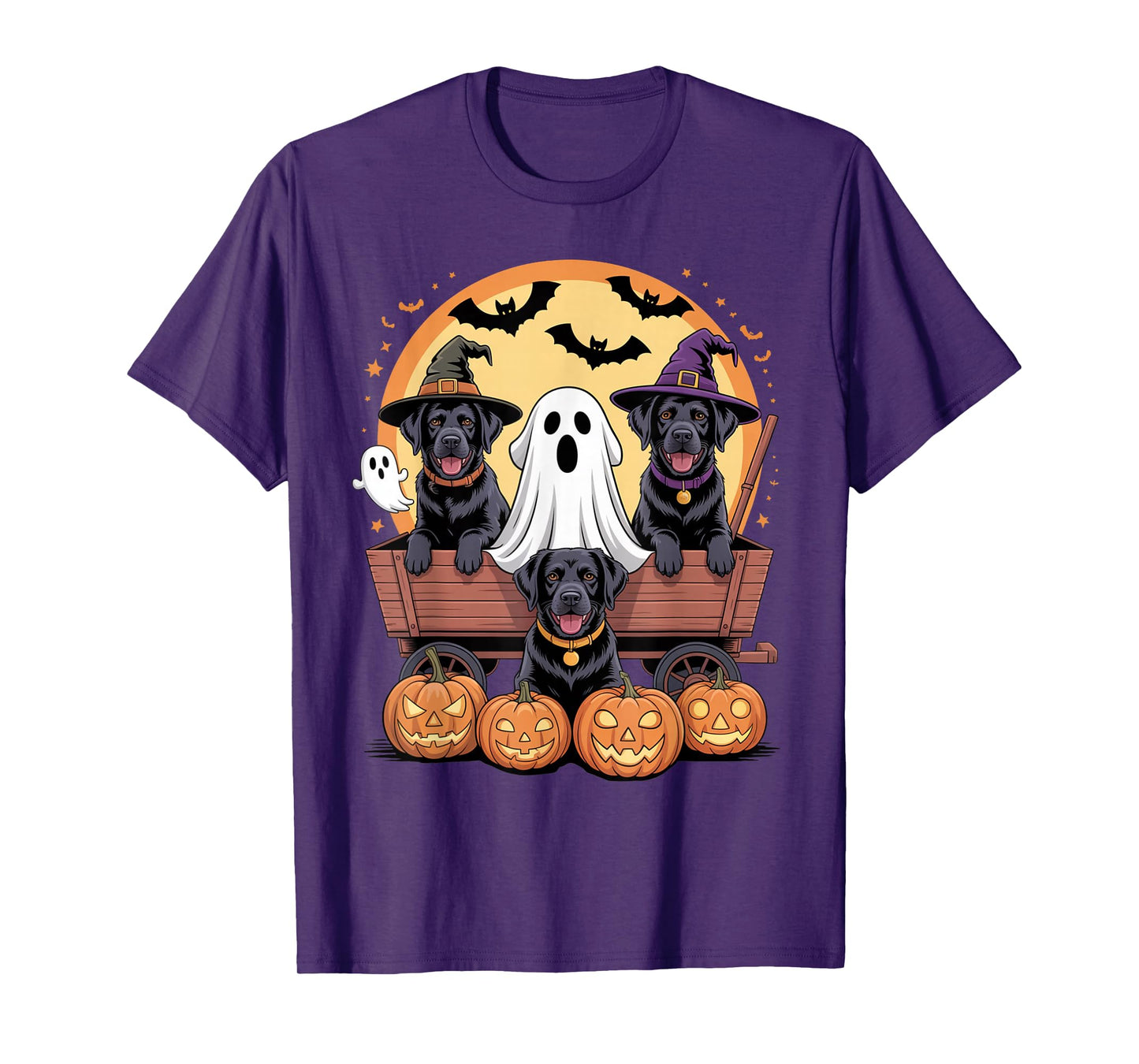 Black Labrador Halloween Wagon Witch Hats Bats Pumpkins T-Shirt