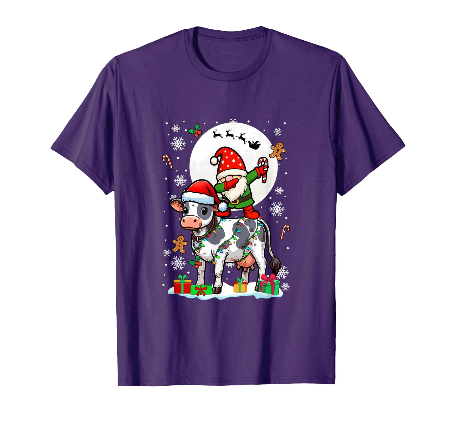 Dabbing Gnome On Cow Christmas Santa Colorful Lights T-Shirt