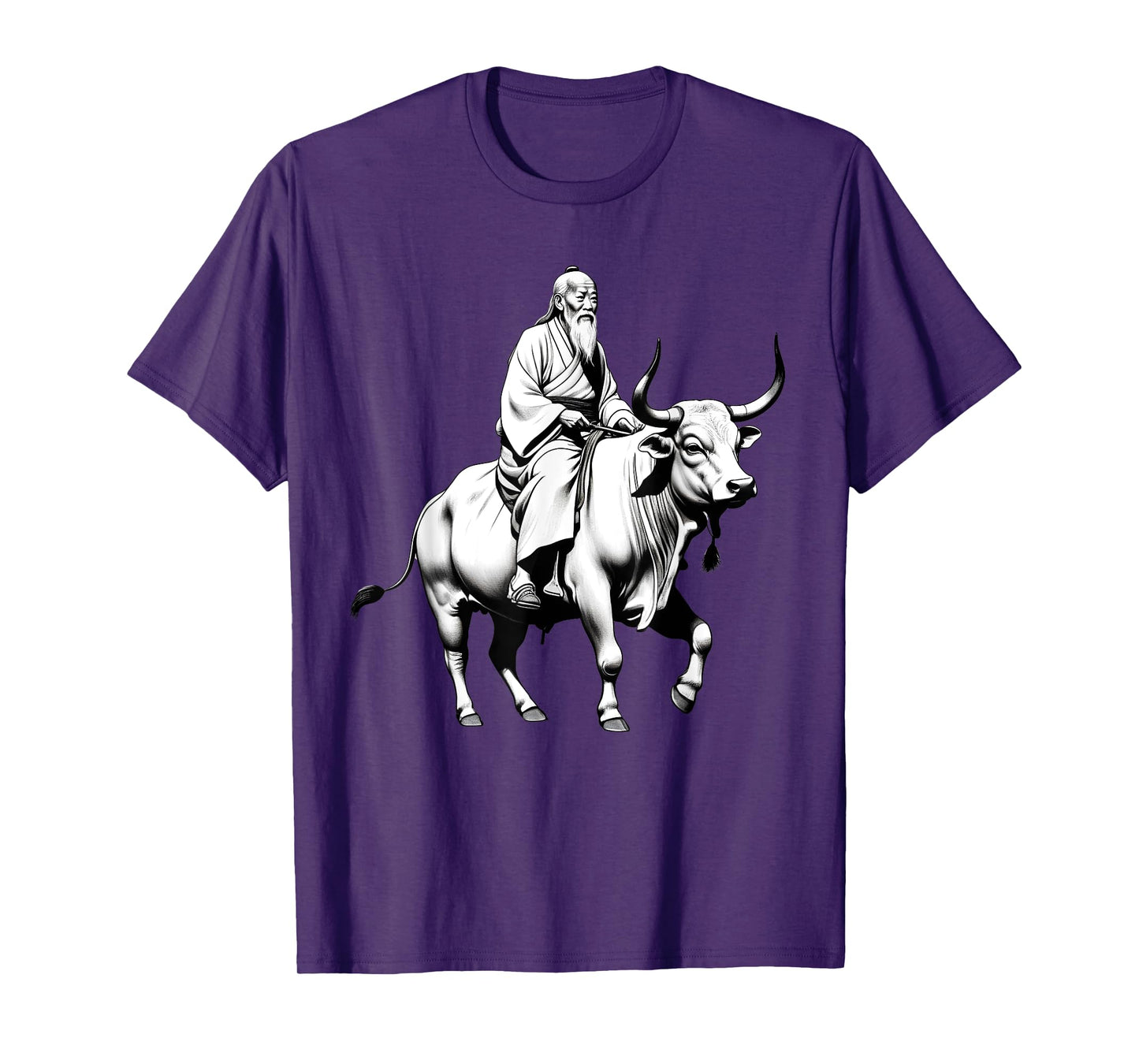 Vintage Spiritual Design Lao Tzu Riding An Ox, Tao Te Ching Unisex-Adults, Unisex-Kids Grey Short Sleeve Classic Fit Polyester T-Shirt