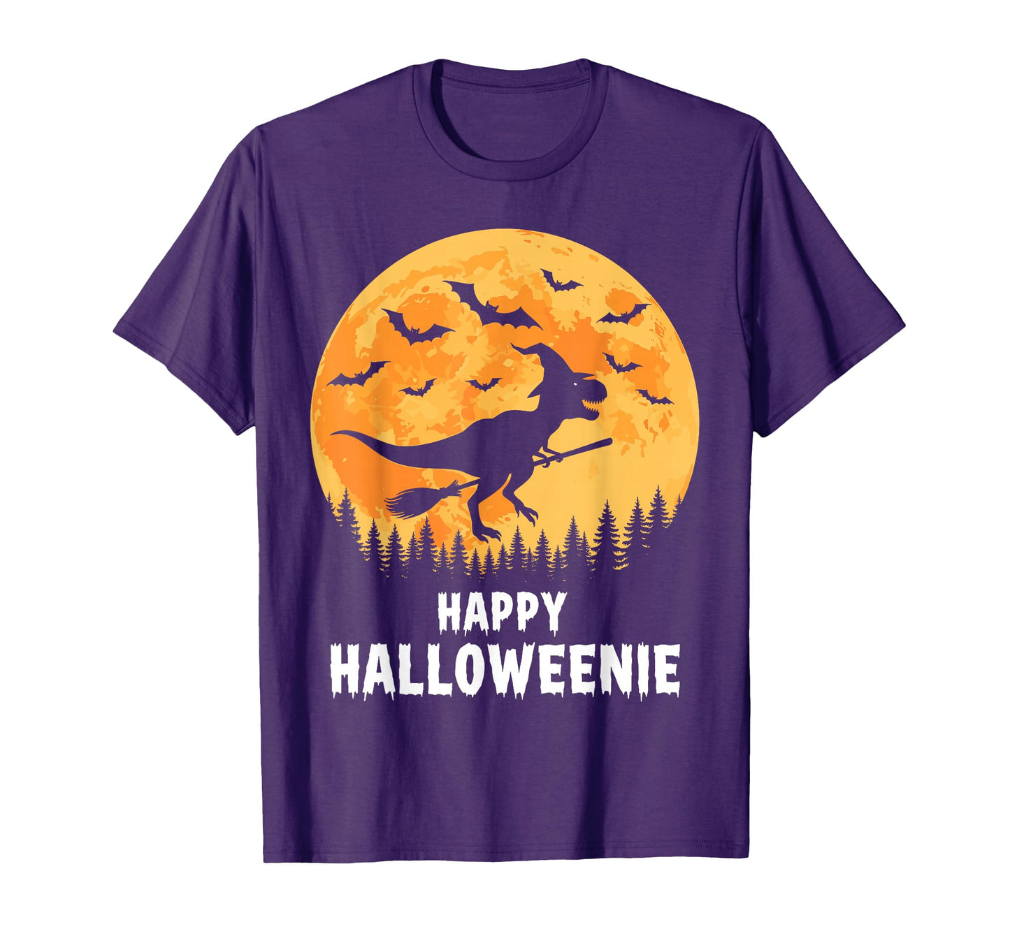 Happy Halloweenie Funny Dinosaur T Rex Flying Witch T-Shirt