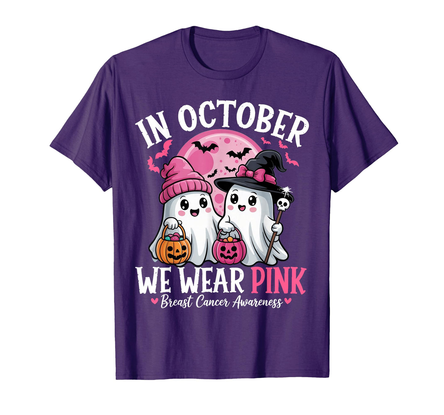 in October We Wear Pink Ghost Witch Breast Cancer Awareness T-Shirt