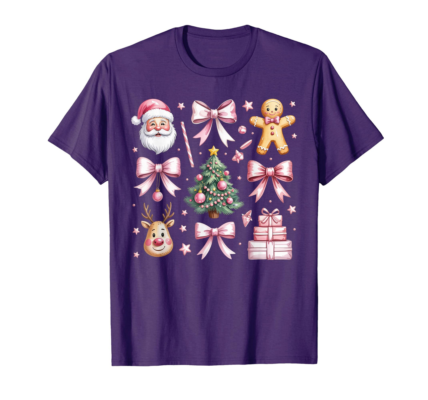 Cute Coquette Bow Pink Christmas Tree Santa Gingerbread Xmas T-Shirt