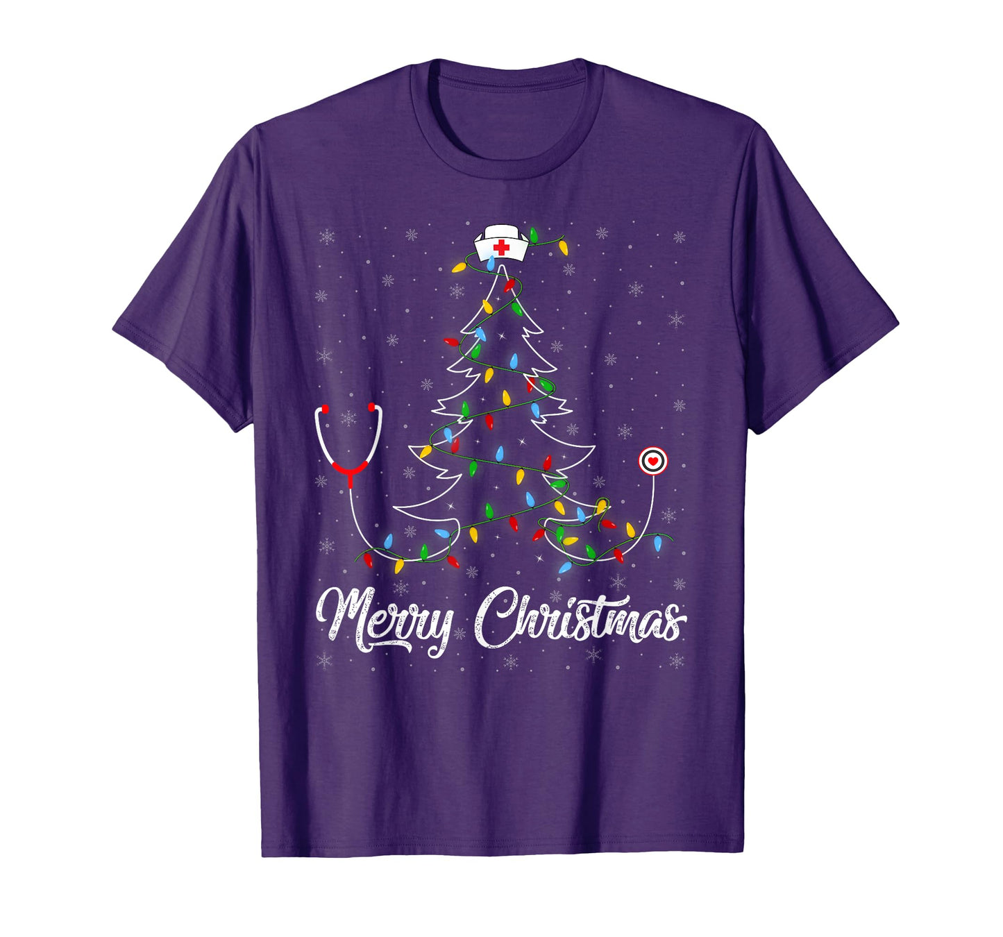 Nurse Stethoscope Christmas Tree Lights Funny Nursing Xmas T-Shirt