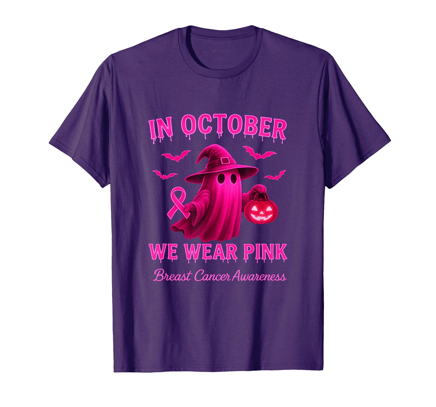 Breast Cancer Awareness Ghost Witch in October We Wear Pink T-Shirt