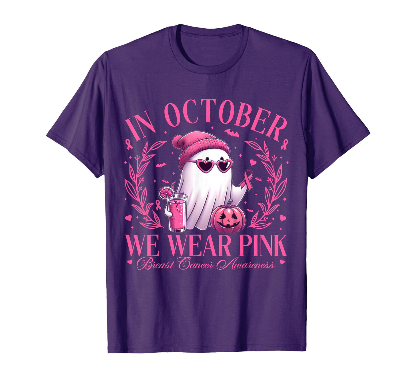 in October We Wear Pink Ghost Witch Breast Cancer Awareness T-Shirt