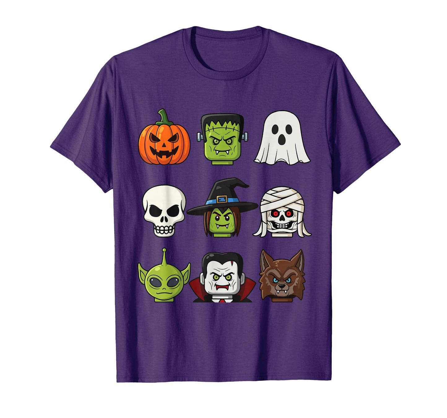 Spooky Halloween Faces Frankenstein Pumpkin Mummy Alien Wolf T-Shirt