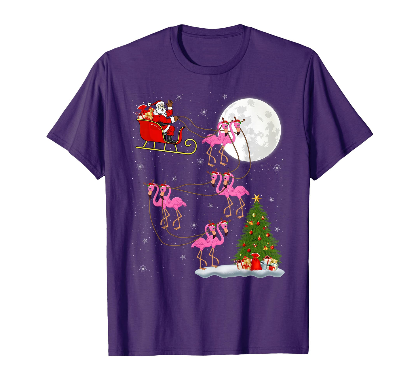 Flamingo Santa Sleigh Flying Funny Magical Christmas T-Shirt