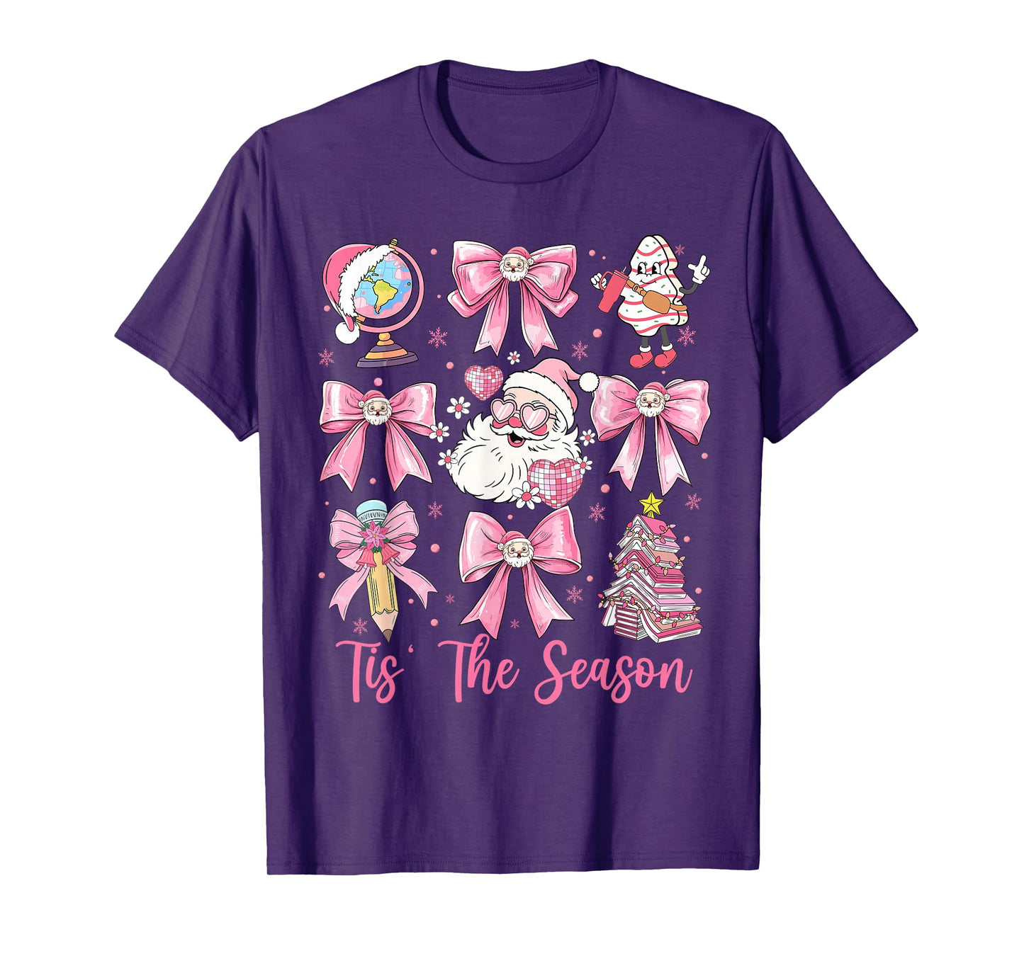 Tis The Season Pink Santa Claus Coquette Bow Teacher Girls T-Shirt