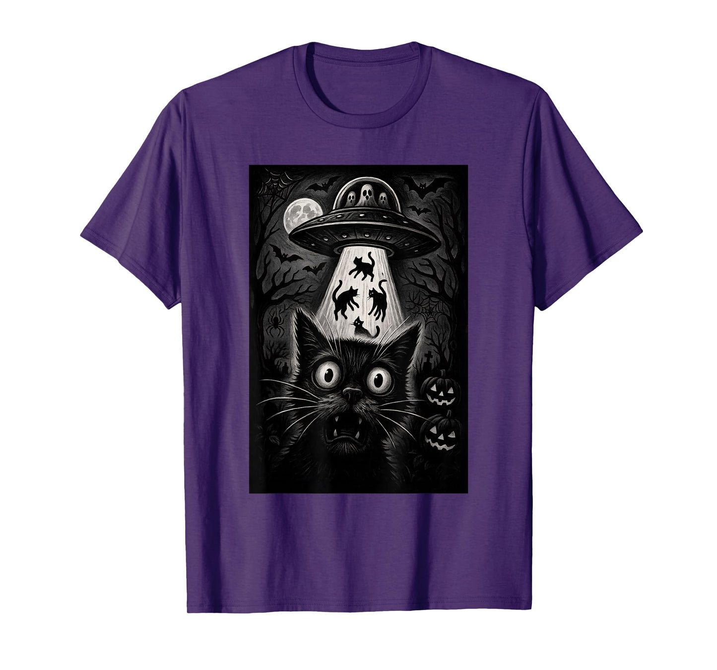 Halloween Cat Selfie Scary Alien Abduction Cats UFO Flying T-Shirt