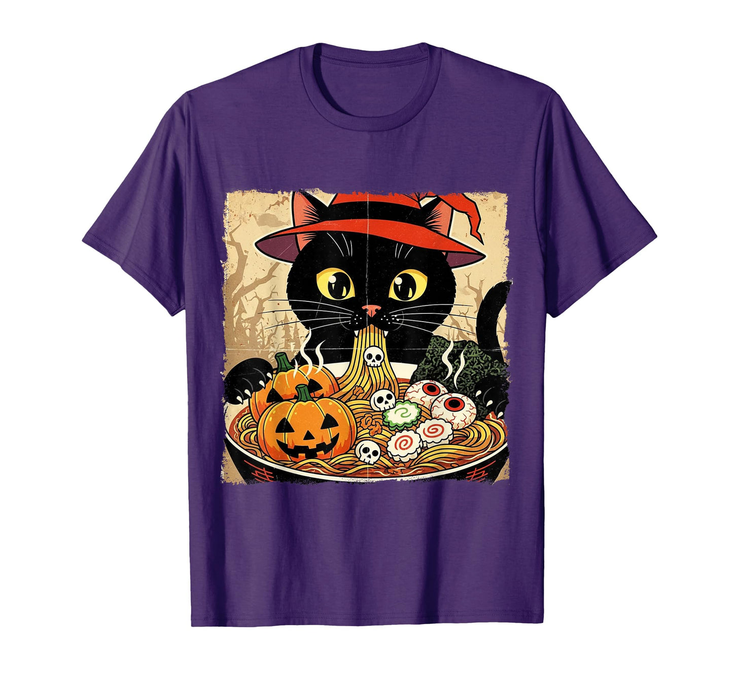 Black Cat Witch Hat Slurping Spooky Ramen Vintage Halloween T-Shirt