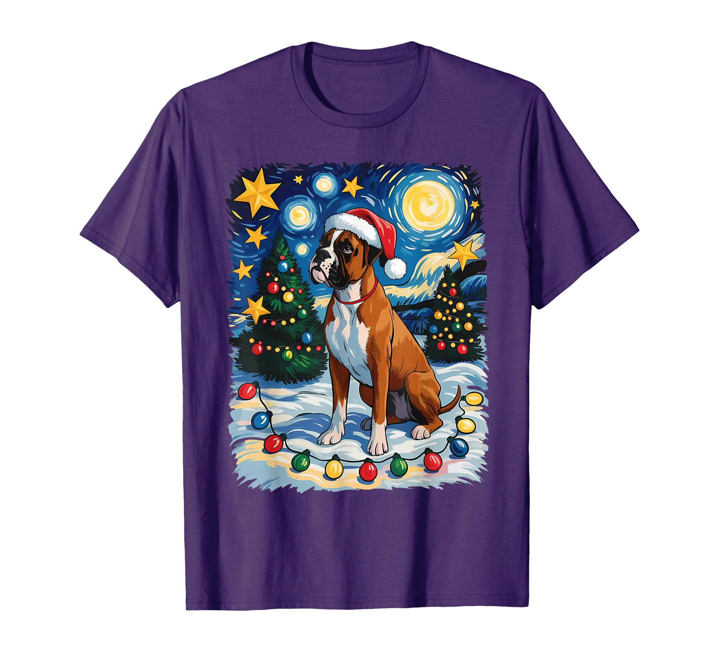Christmas Boxer Dog Santa Hat Van Gogh Style Starry Night T-Shirt