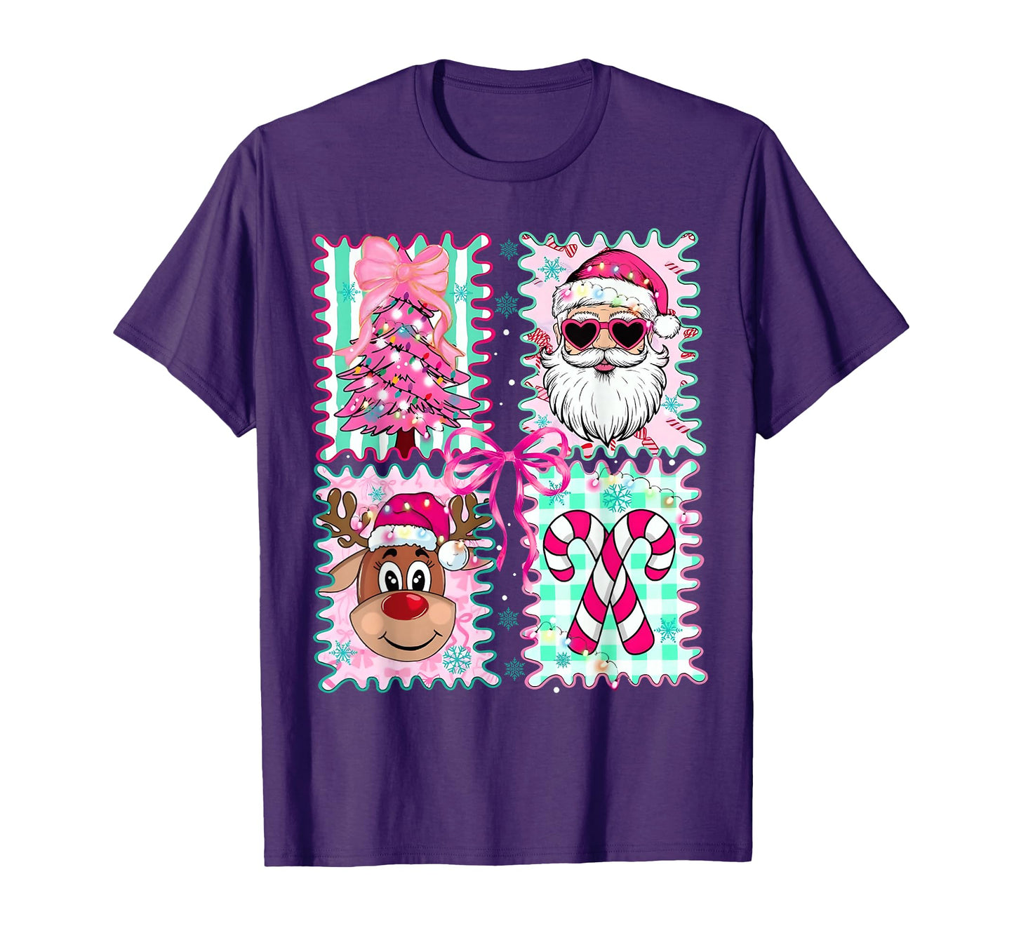 Merry Christmas Tree Santa Reindeer Candy Cane Bow Preppy T-Shirt