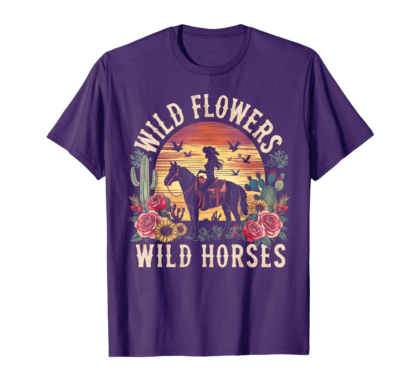 Retro Southern Sunset Cowgirl Wild Flowers Wild Horses T-Shirt