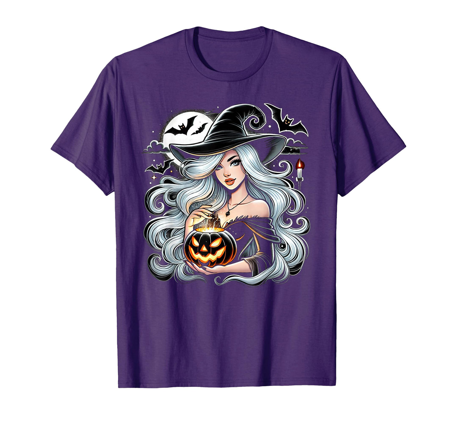Glamour Ice White Hair Witch Jack O Lantern Halloween Design T-Shirt