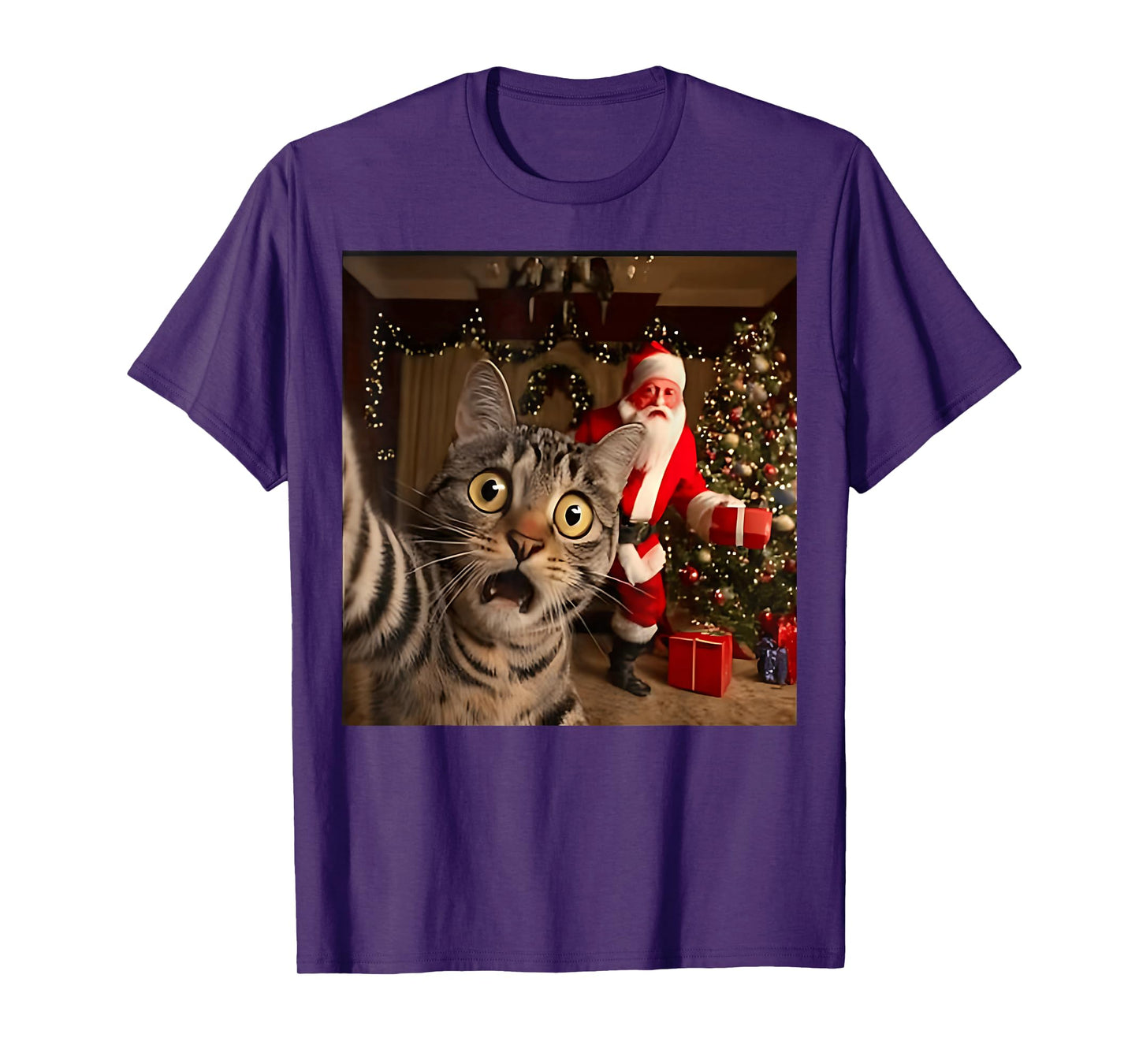 Cat Selfie with Santa Claus Holiday Funny Christmas Xmas Tee T-Shirt