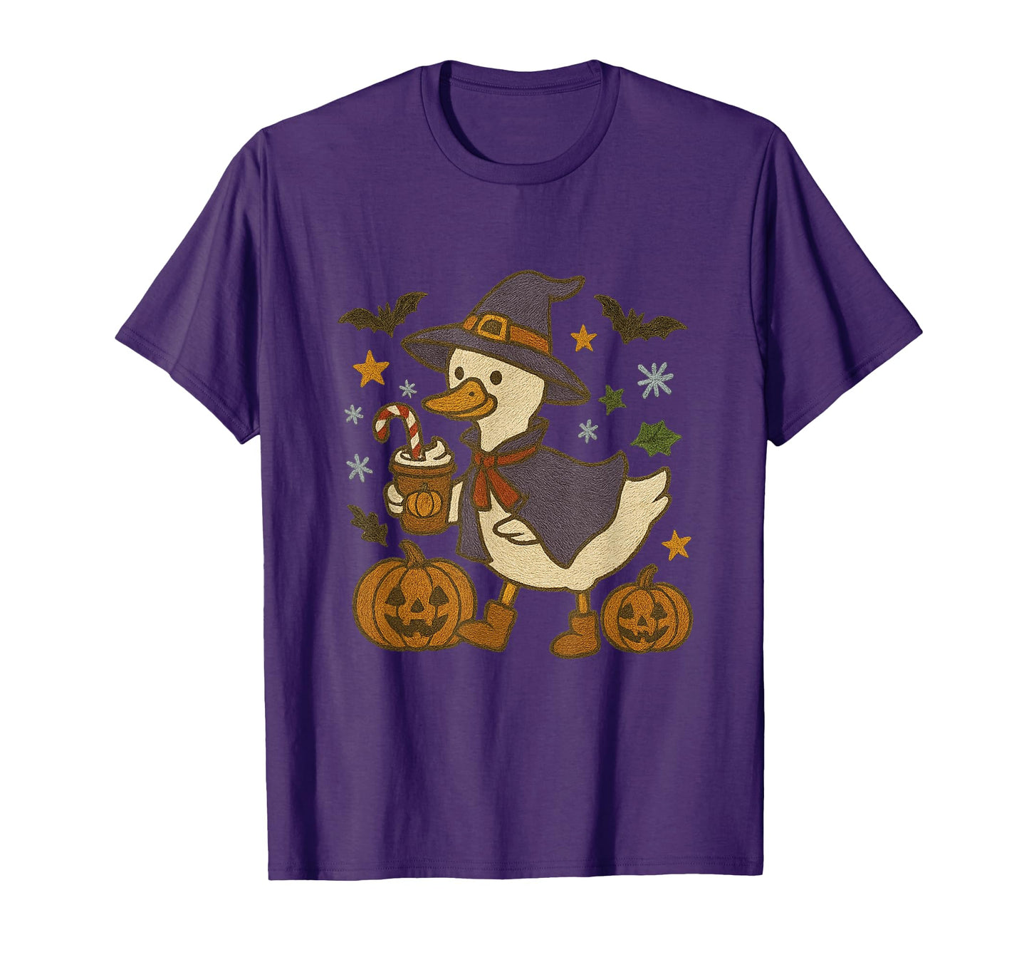 Witchy Duck with Pumpkin and Coffee Halloween Design T-Shirt