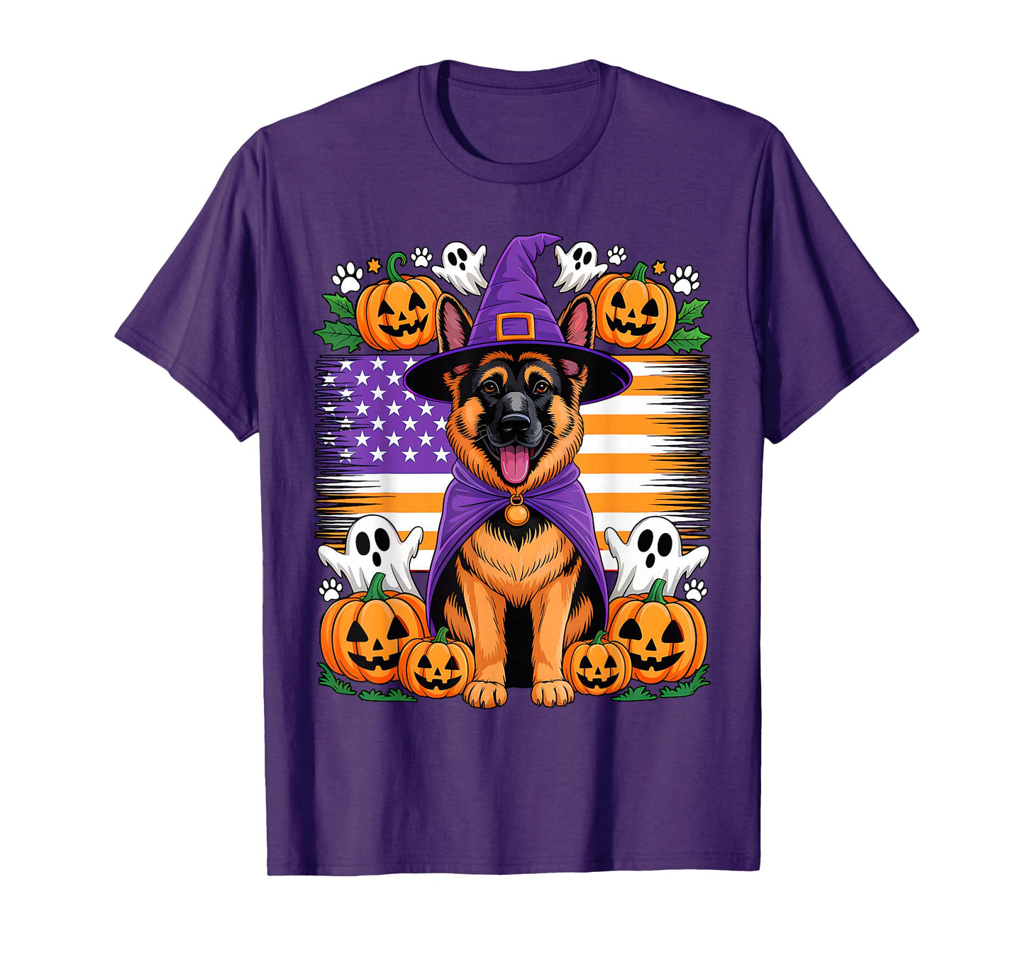 German Shepherd Cosplay Witch Halloween Owner Horror US Flag T-Shirt