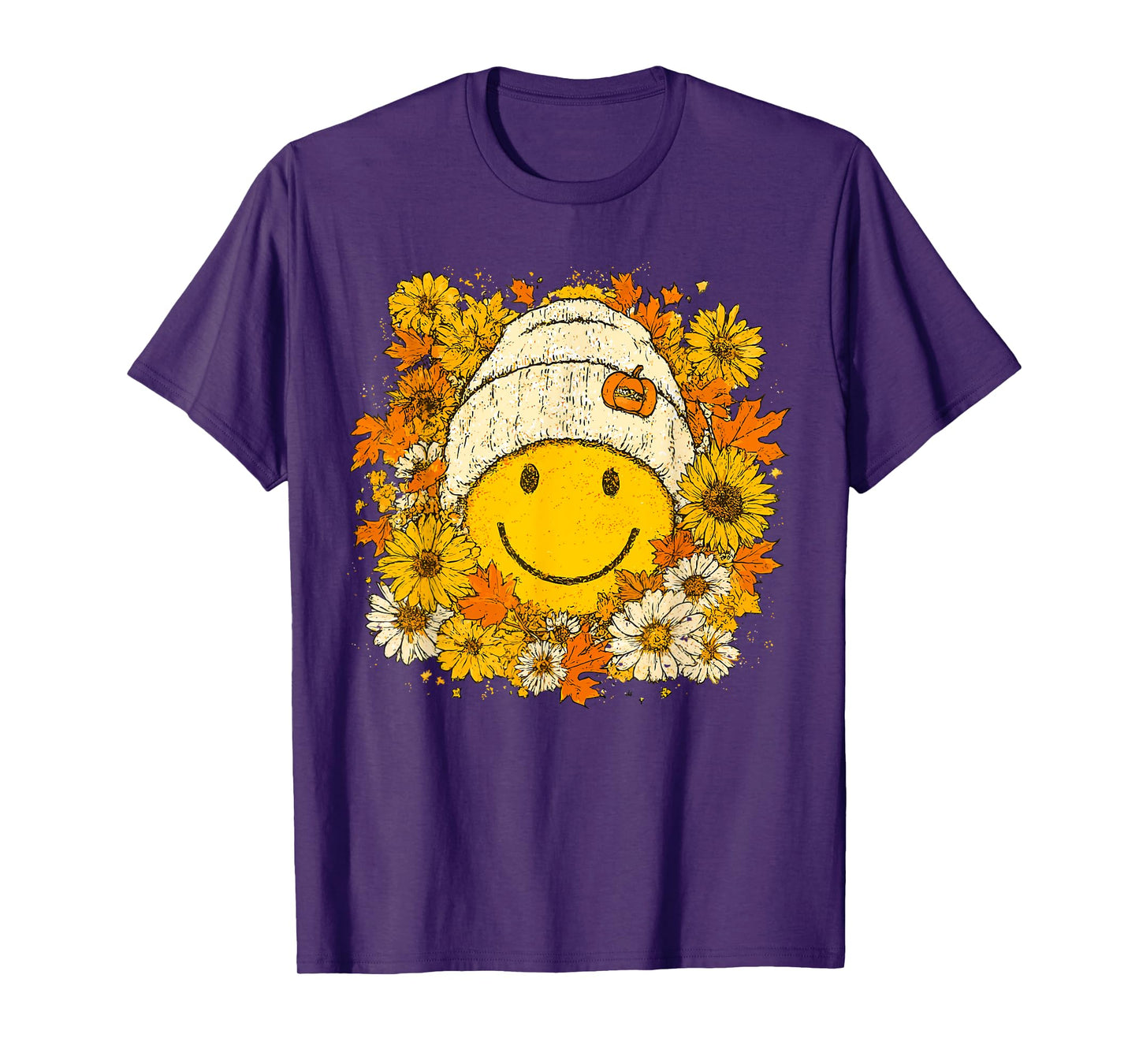 Retro Boho Fall Smile Face Floral Pumpkin Autumn Women Kids T-Shirt