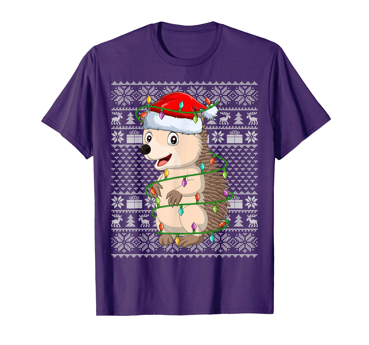 Hedgehog Christmas Lights Ugly Sweater Funny Santa Hat Xmas T-Shirt