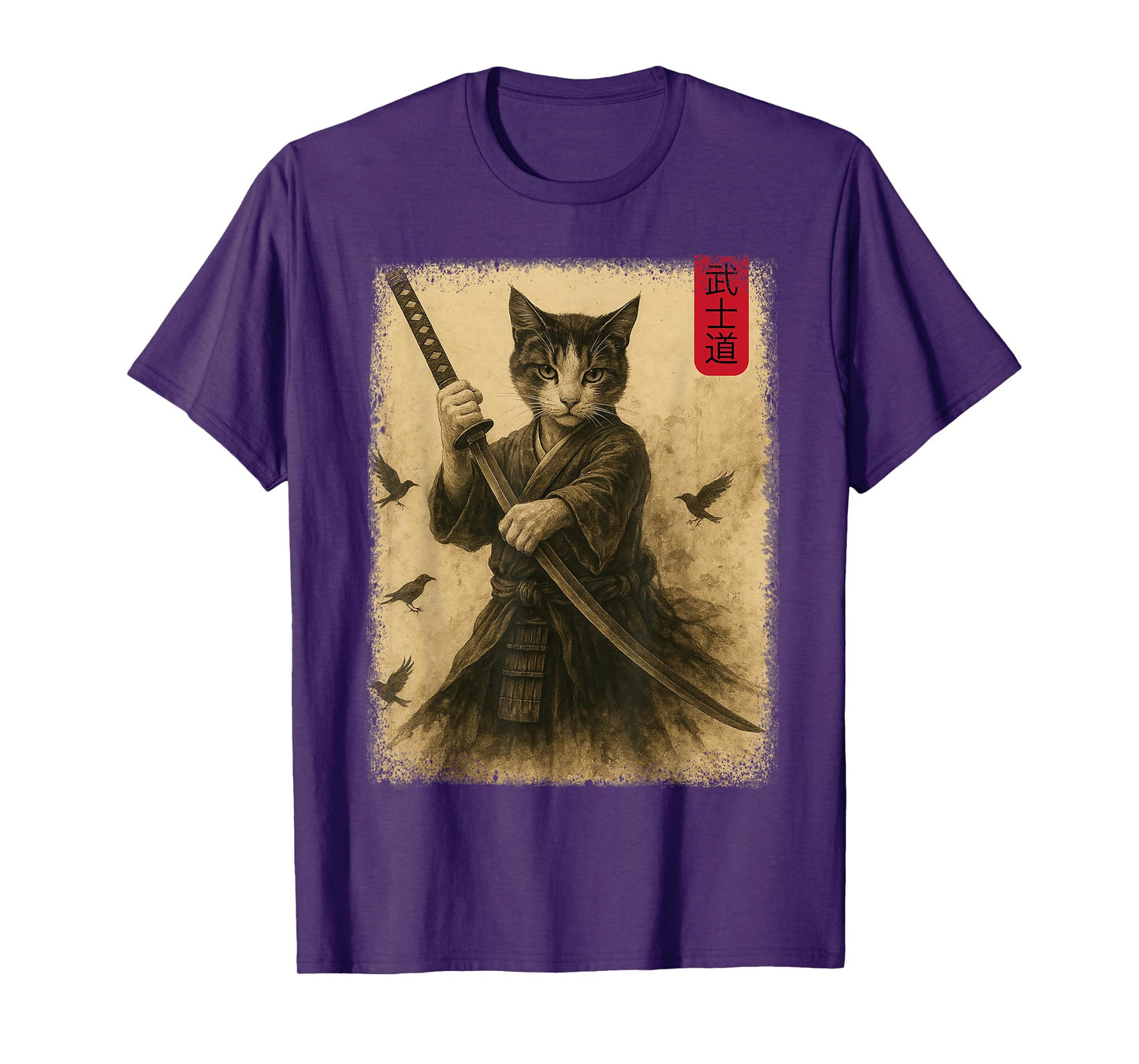 Samurai Cat Graphic Warrior Vintage Japanese Cat Anime T-Shirt for Men Women Kids