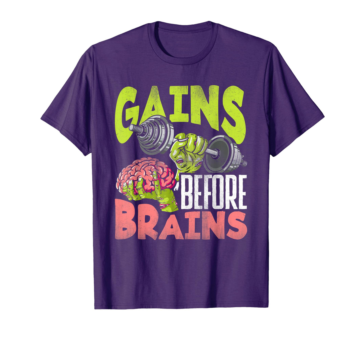 Halloween Workout Zombie Weightlifting Gains Before Brains T-Shirt