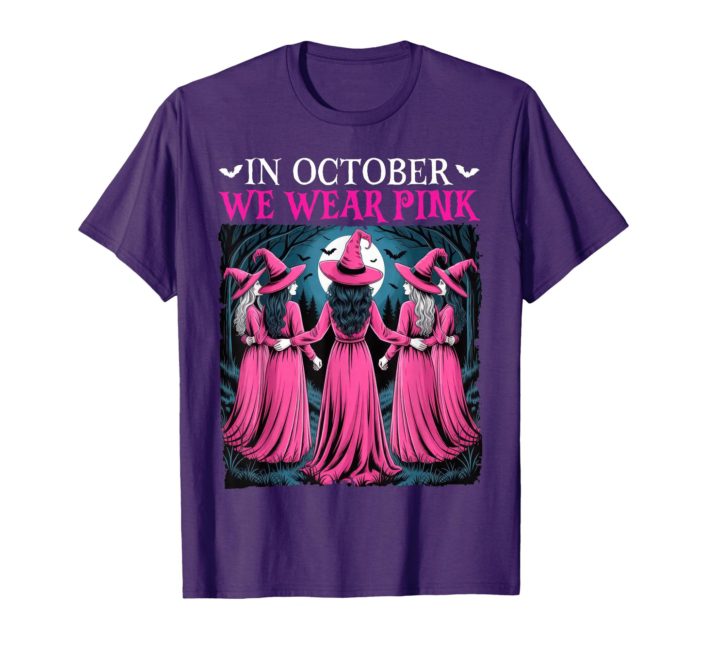 in October We Wear Pink Witch Halloween Breast Cancer Women T-Shirt