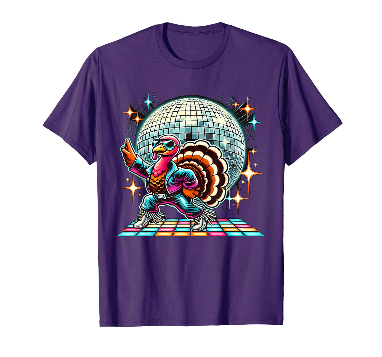 Disco Turkey Halloween Tees Unisex-Adult Black Cartoon Turkey Disco T-Shirt Small Straight Short Sleeve T-Shirt