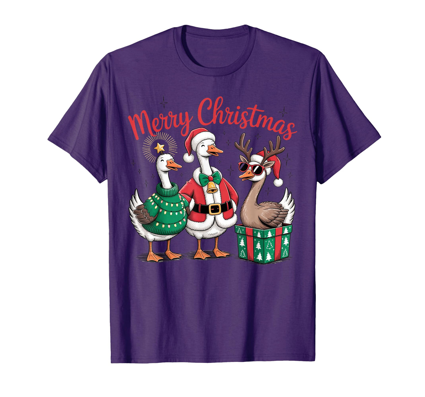 Funny Christmas Geese Santa Reindeer Holiday Outfit T-Shirt