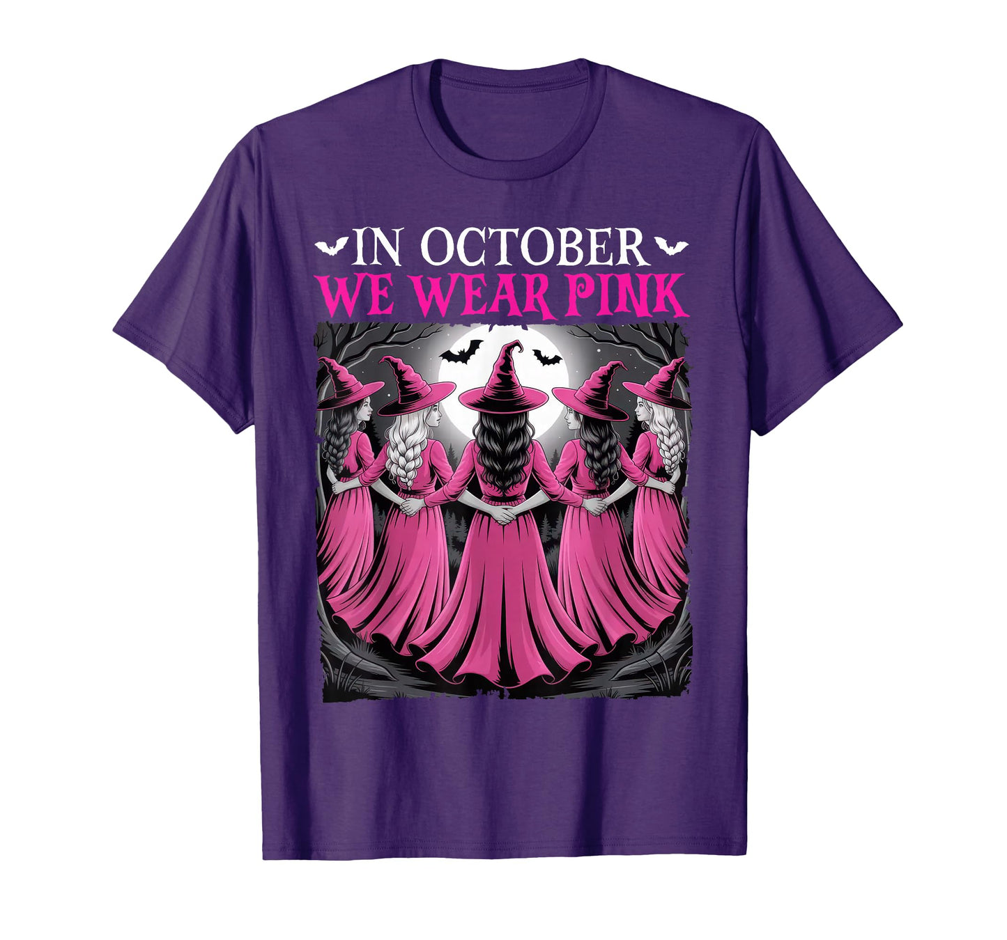 in October We Wear Pink Witch Halloween Breast Cancer Women T-Shirt