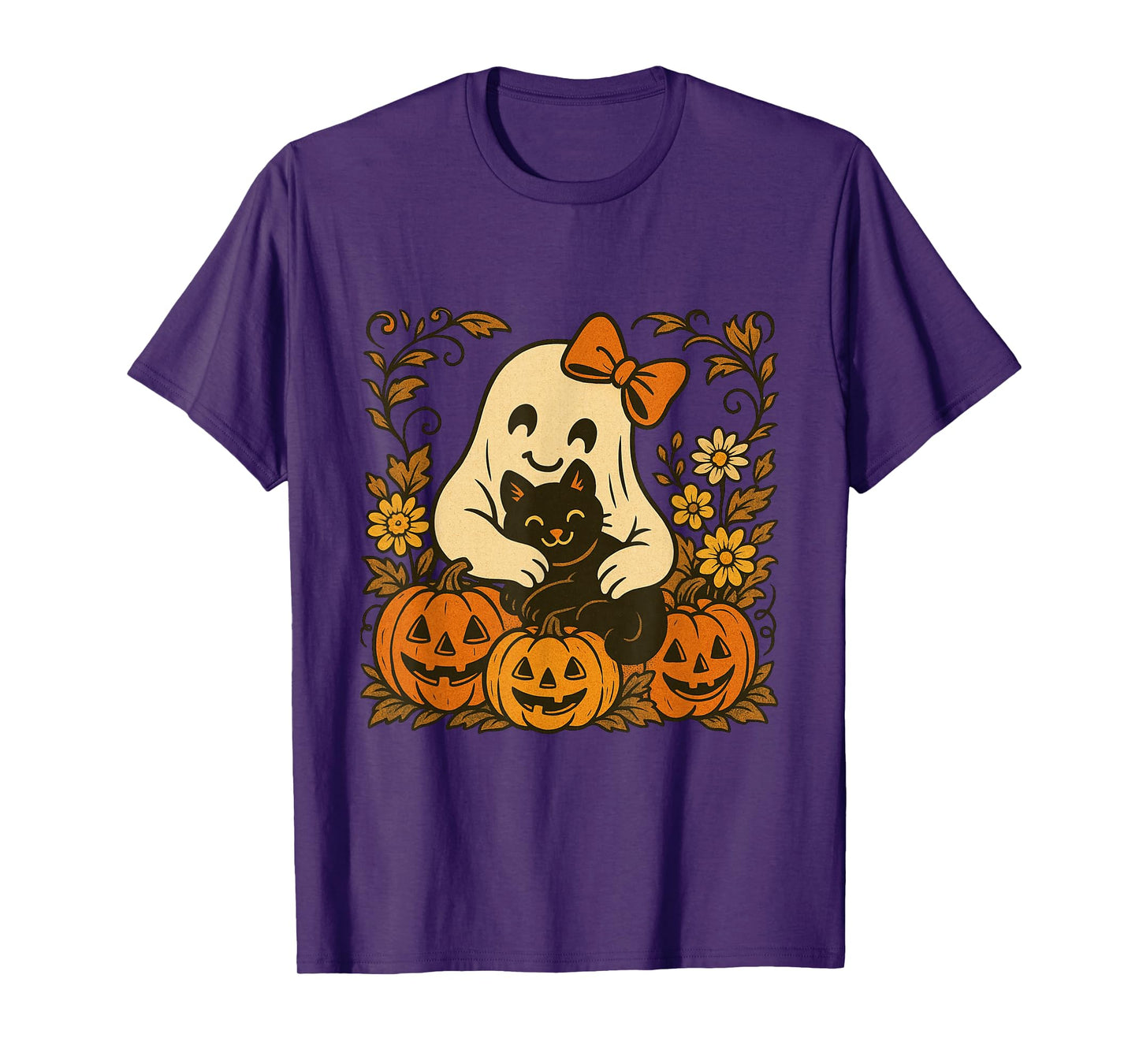 Vintage Halloween Ghost Holding Black Cat Groovy Floral T-Shirt