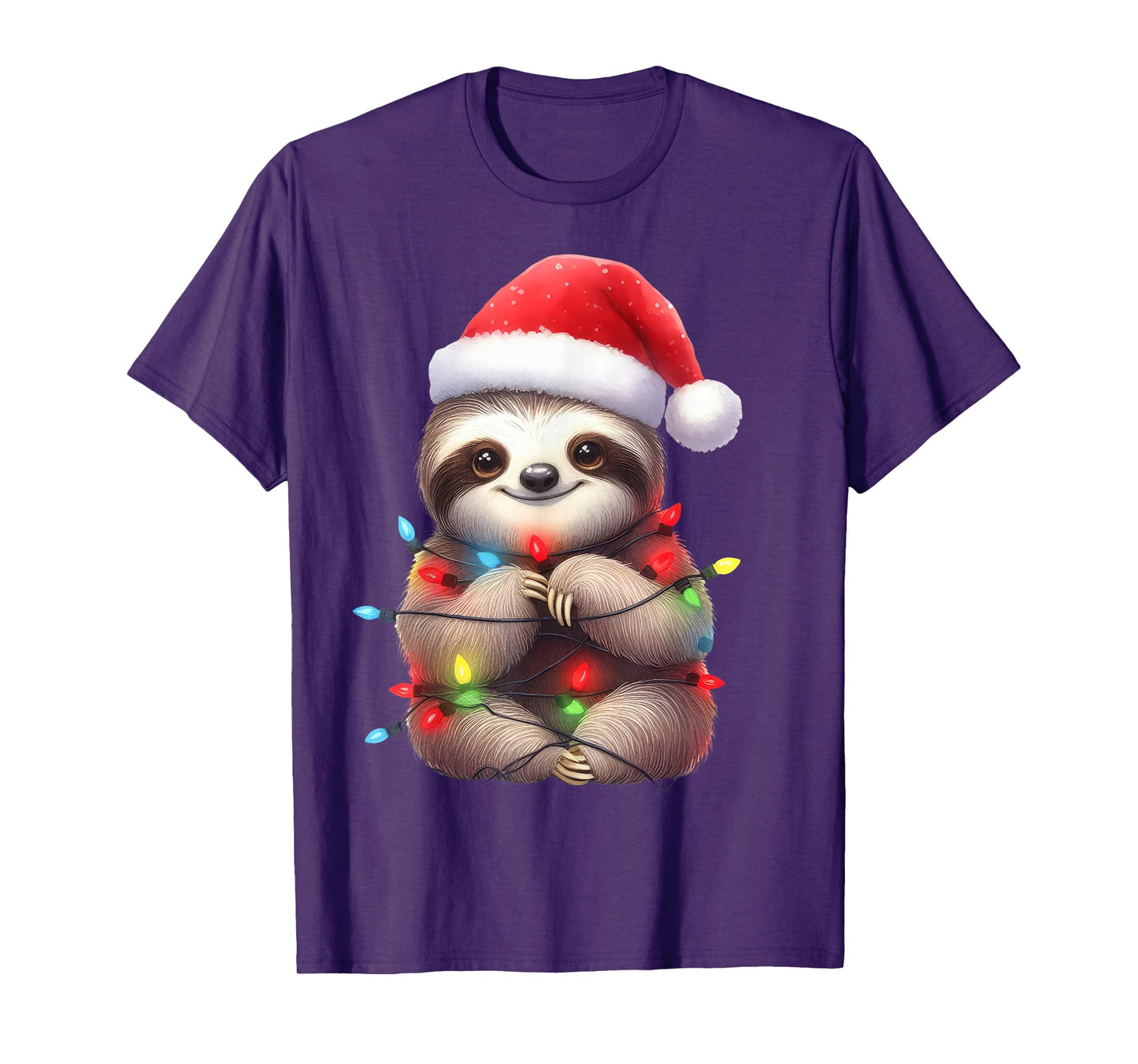 Sloth Christmas Lights Funny Santa Hat Merry Xmas T-Shirt