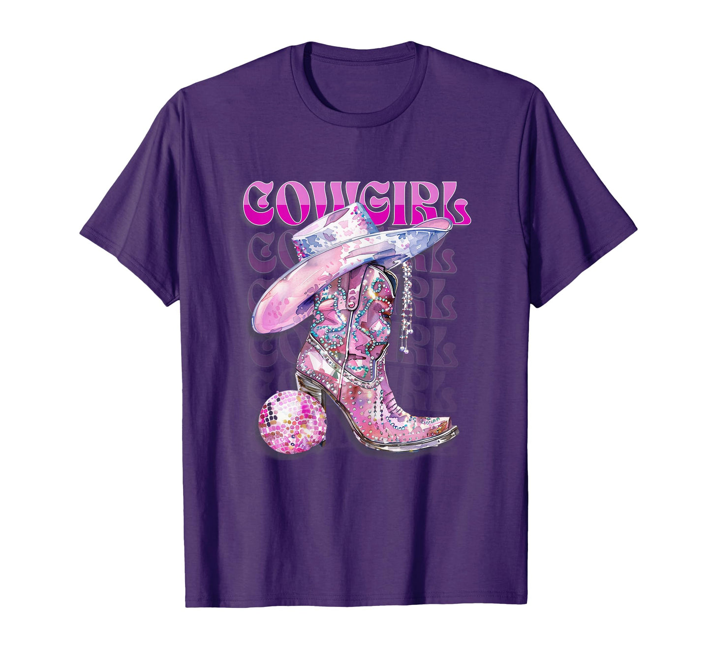 Pink Cowgirl Boots Disco Western Country Cow Girl Coastal T-Shirt