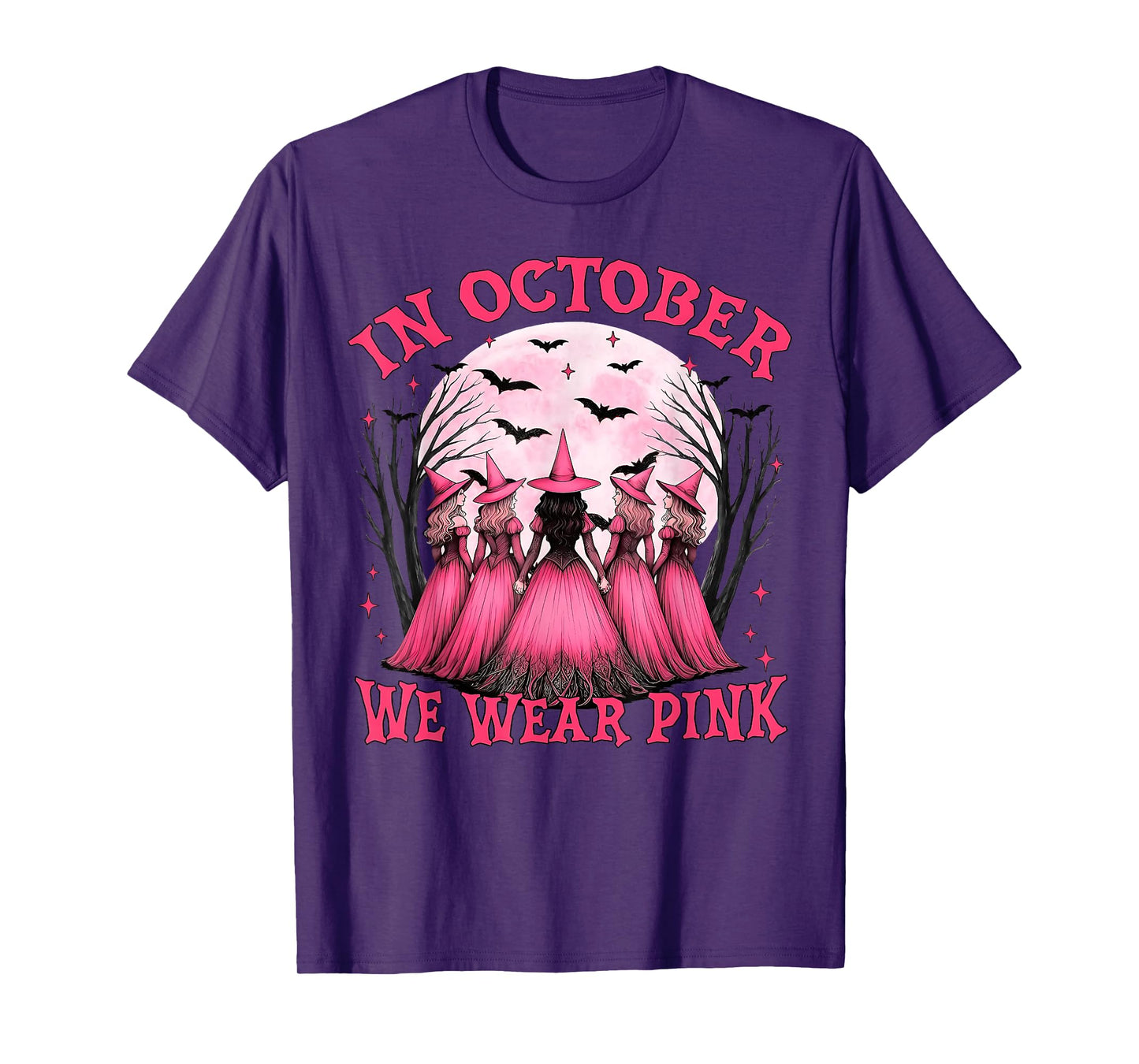 in October We Wear Pink Witch Halloween Breast Cancer Women T-Shirt
