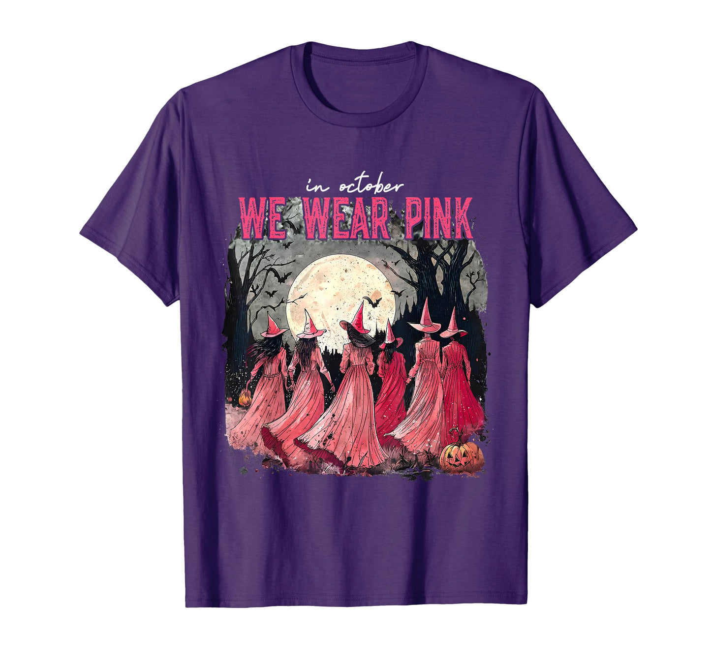 in October We Wear Pink Halloween Salem Witch Breast Cancer T-Shirt