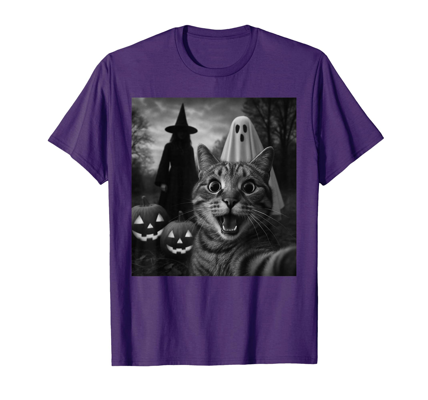 Funny Cat Selfie with a Witch & Ghost Scary Halloween T-Shirt