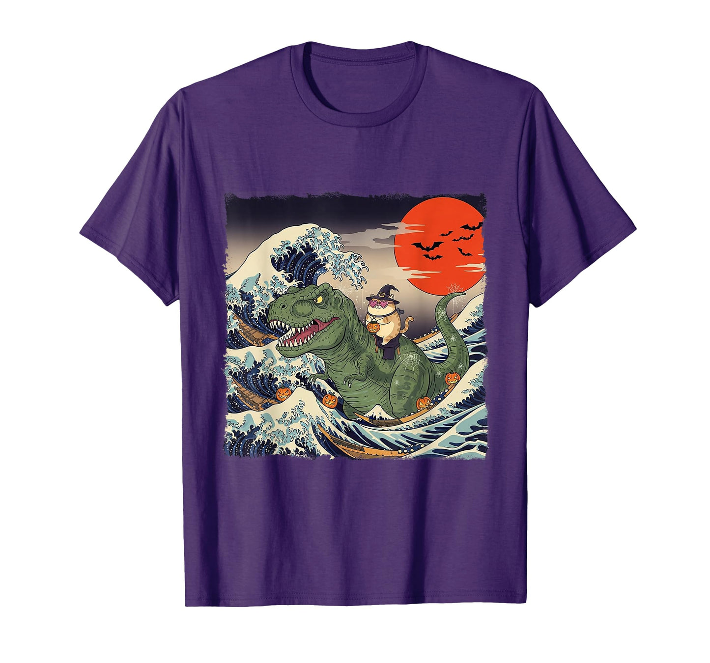 Funny Halloween Cat Riding Dinosaur Spooky Ukiyo-e Wave T-Shirt