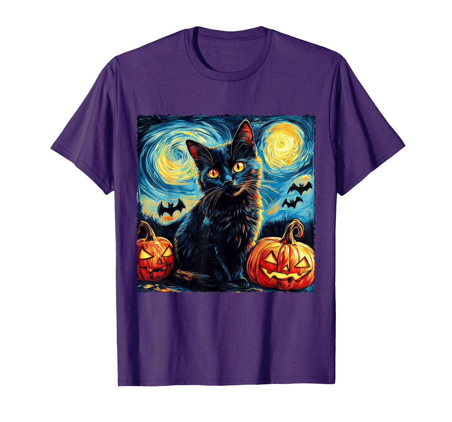 Halloween Van Gogh Starry Night Black Cat Pumpkins Men Women T-Shirt