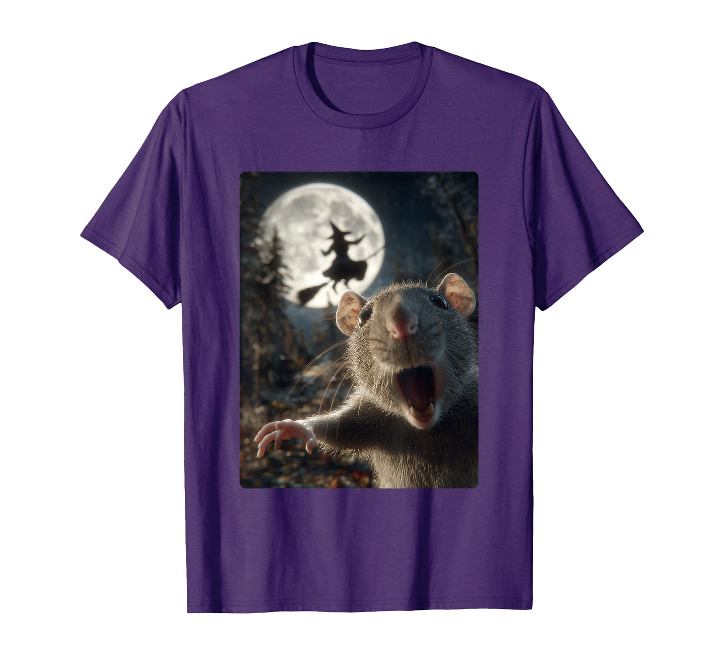Funny Rat Selfie Full Moon Flying Witch Forest Halloween T-Shirt