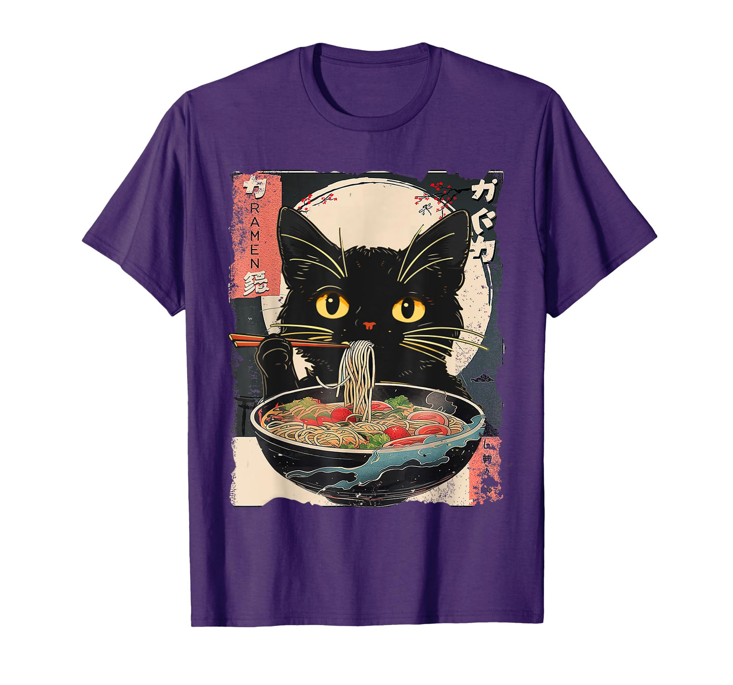 Kawaii Cat Ramen Noodles Anime Gifts Funny Cat Eating Ramen Vintage Japanese Noodles Unisex-Adult T-Shirt, Black, Small, Short Sleeve, T-Shirt, All Seasons