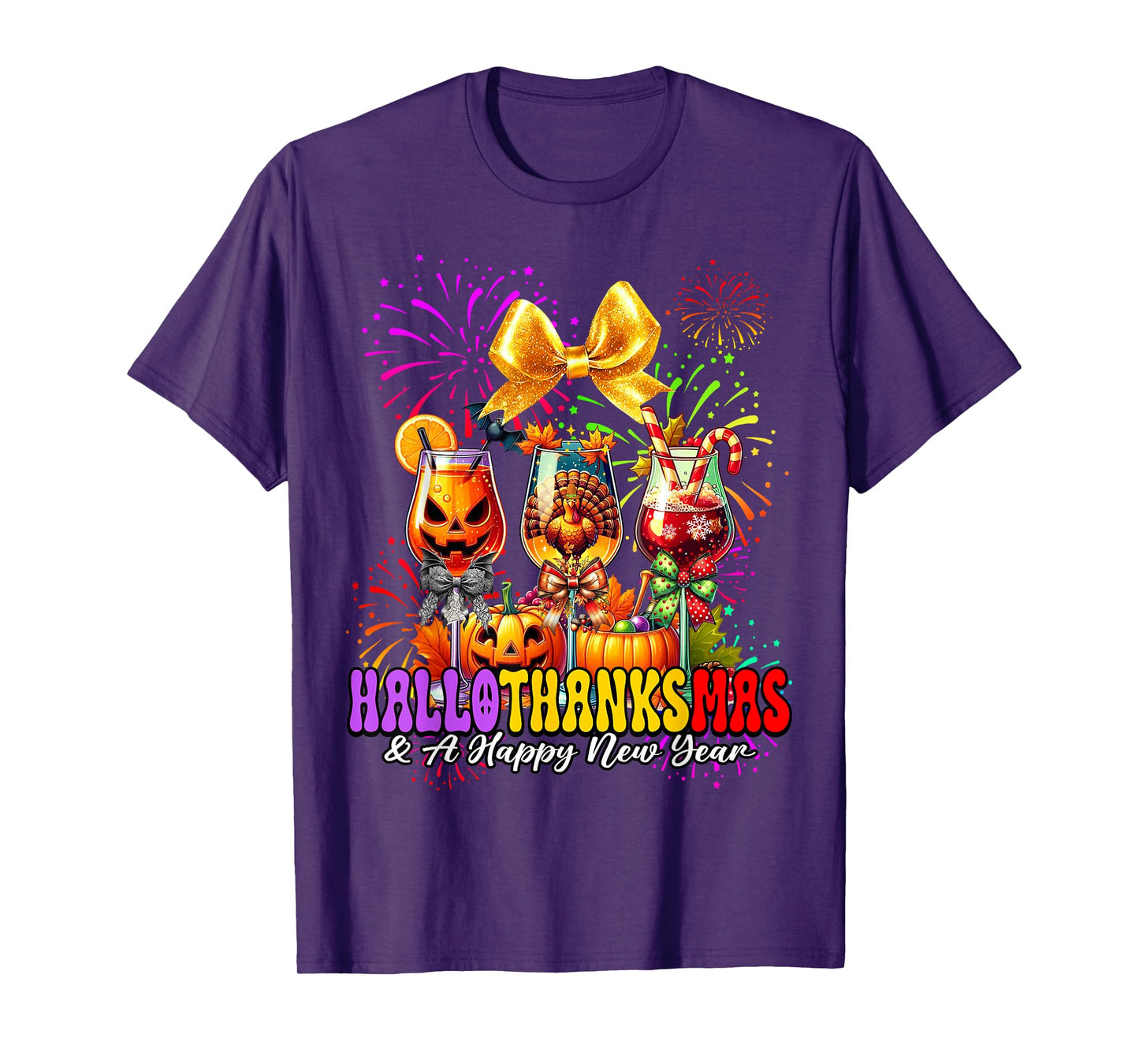 Hallothanksmas & A Happy New Year Fireworks Wine Glass Party T-Shirt