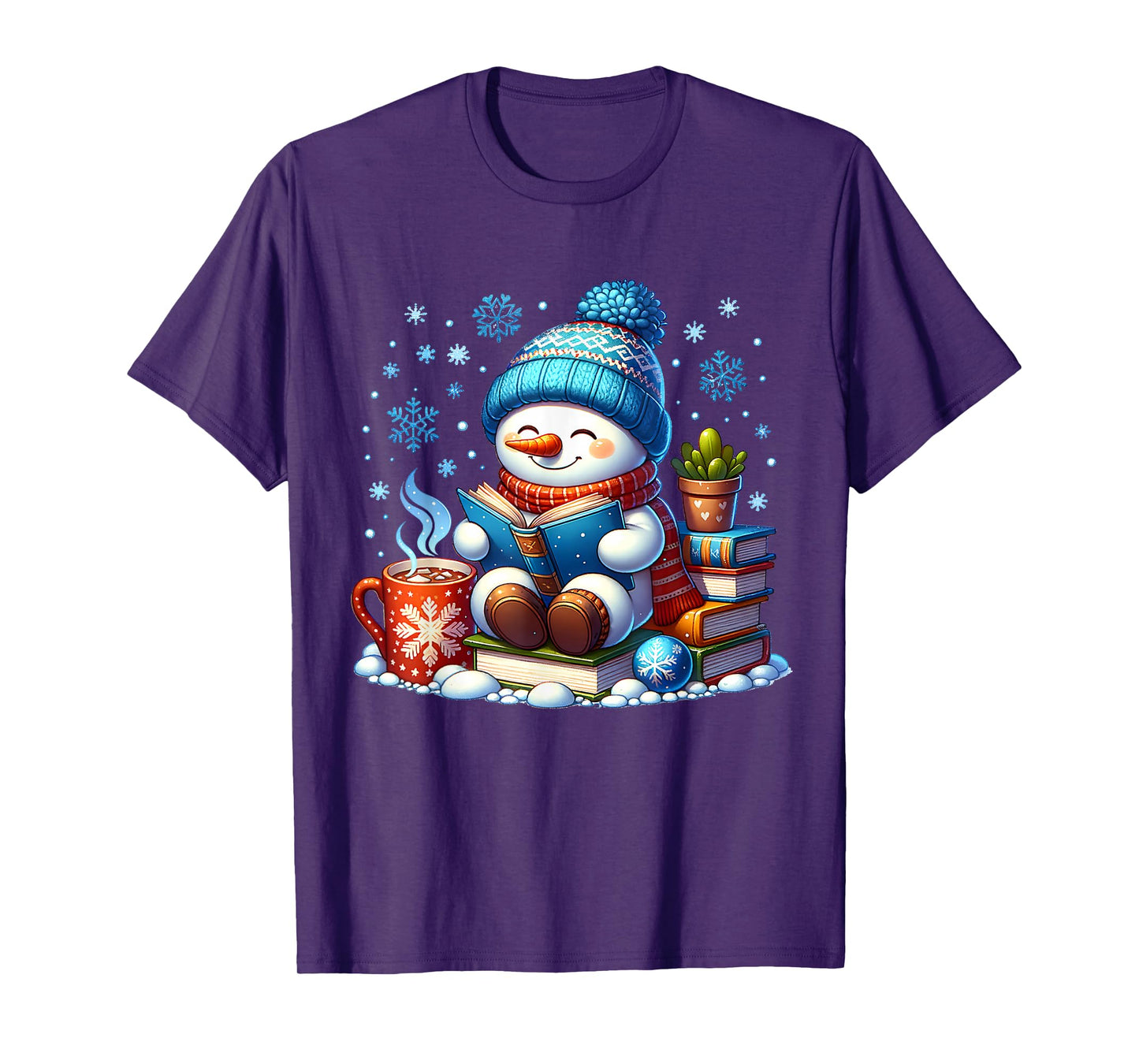 Snowman Reading Book Lovers Christmas Bookworm Librarian T-Shirt