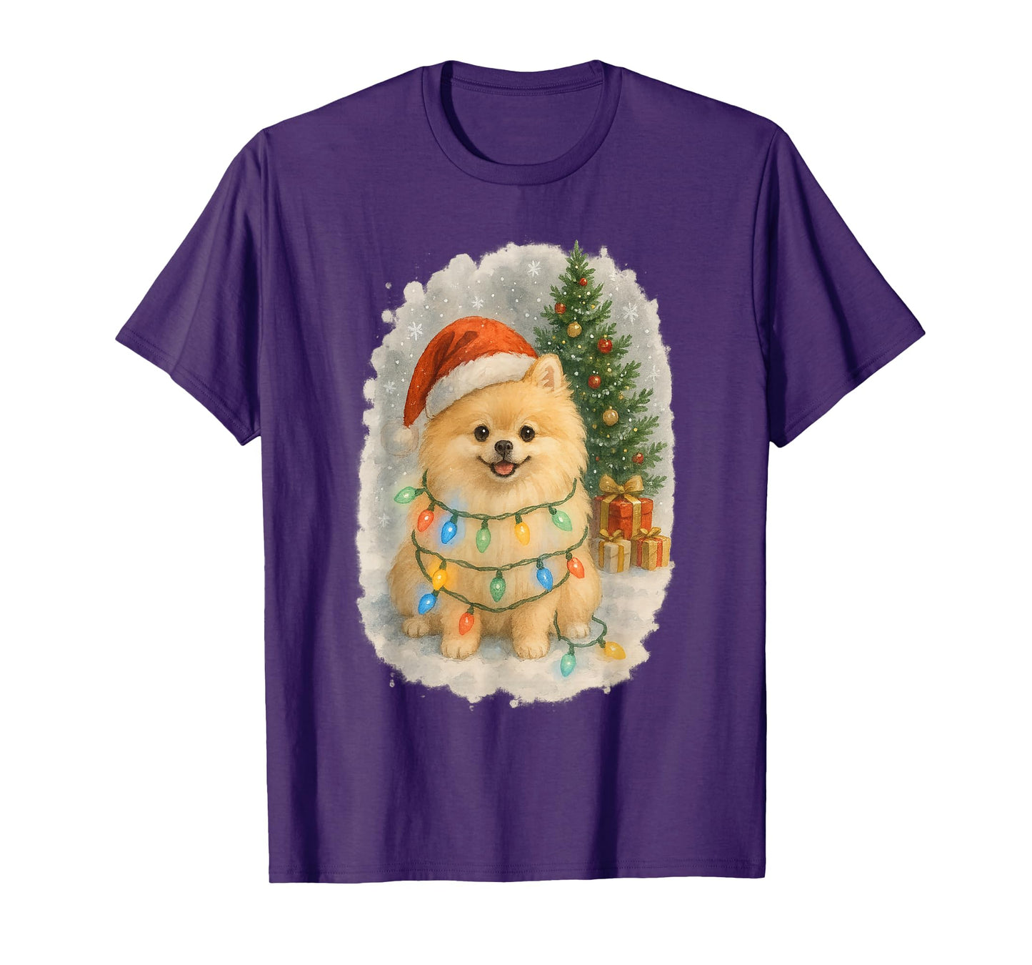 Cute Santa Pomeranian Dog Tangled in Christmas Lights Winter T-Shirt