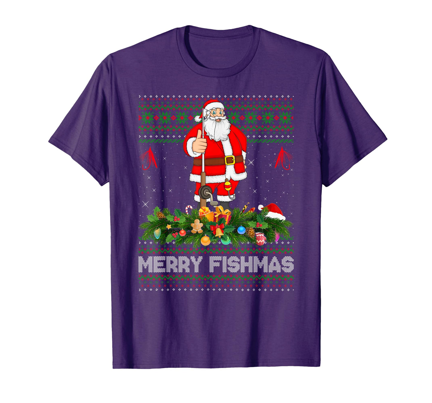 Fishing Santa Ugly Christmas Sweaters Merry Fishmas Xmas T-Shirt