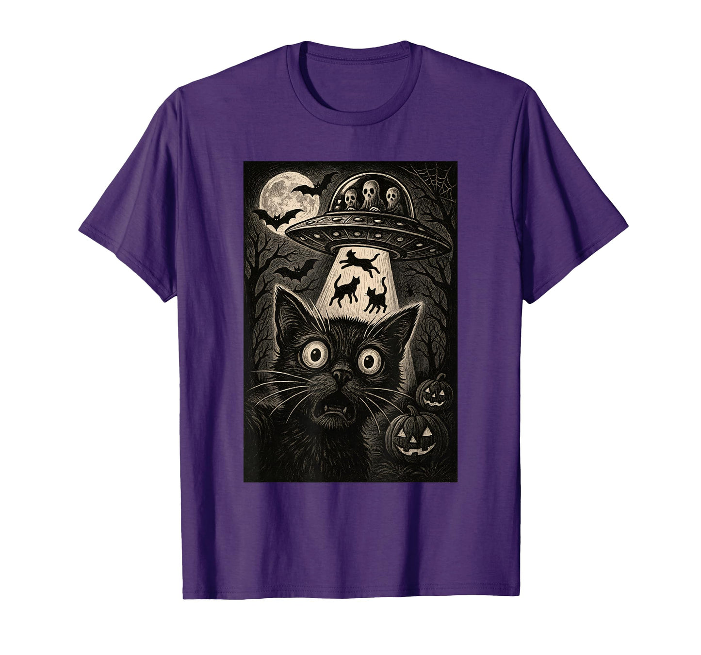 Halloween Cat Selfie Scary Alien Abduction Cats UFO Flying T-Shirt
