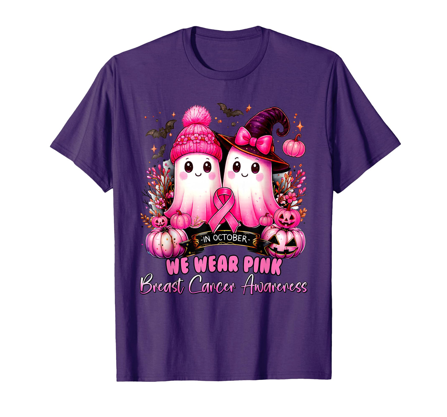in October We Wear Pink Ghost Witch Breast Cancer Awareness T-Shirt