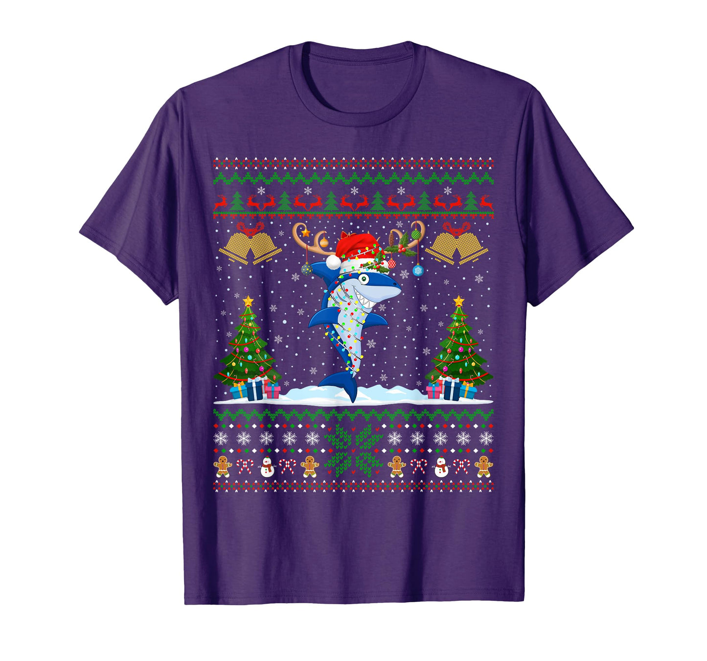 Ugly Xmas Sweater Reindeer Santa Hat Lights Shark Christmas T-Shirt