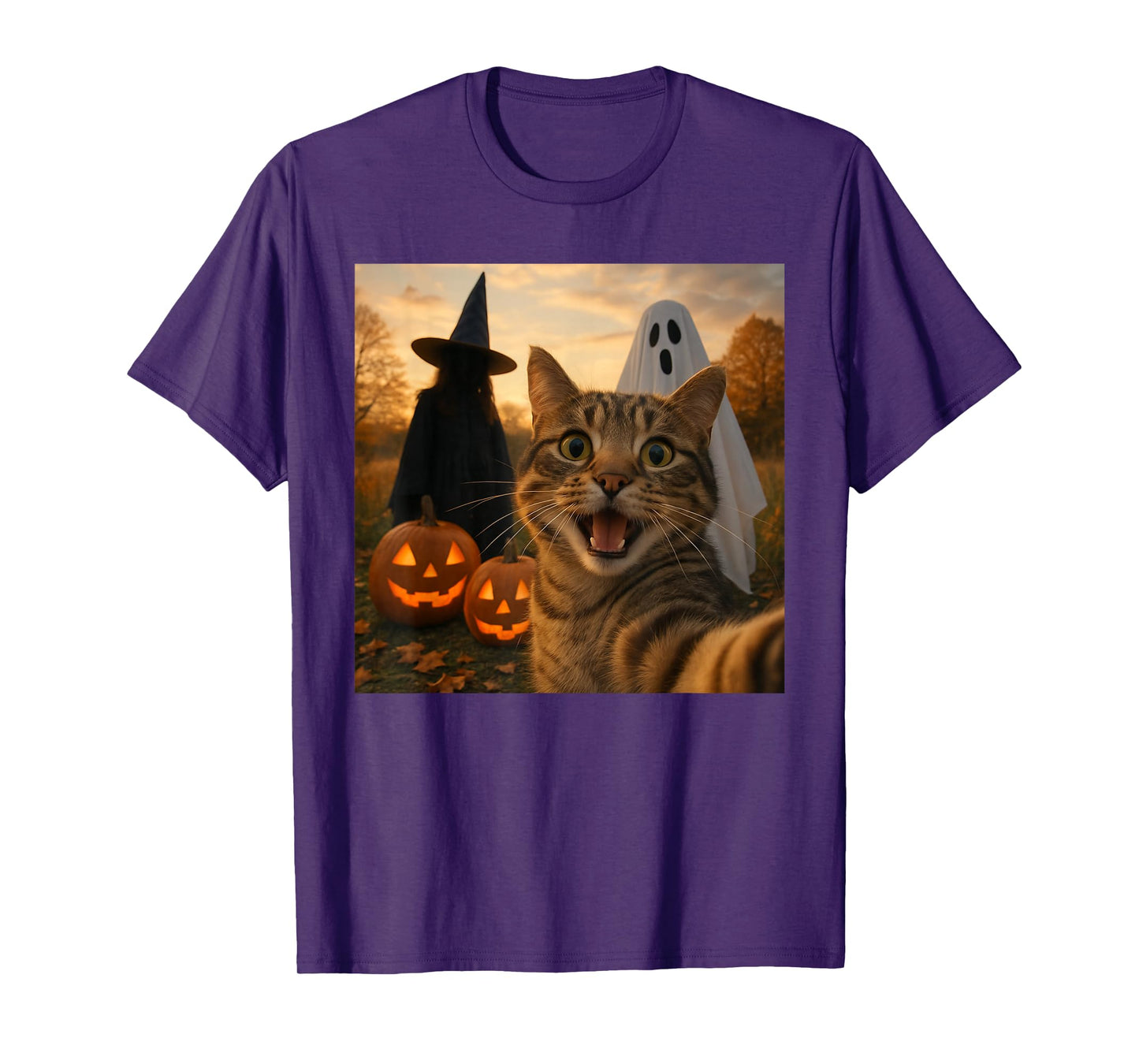 Funny Cat Selfie with a Witch & Ghost Scary Halloween T-Shirt