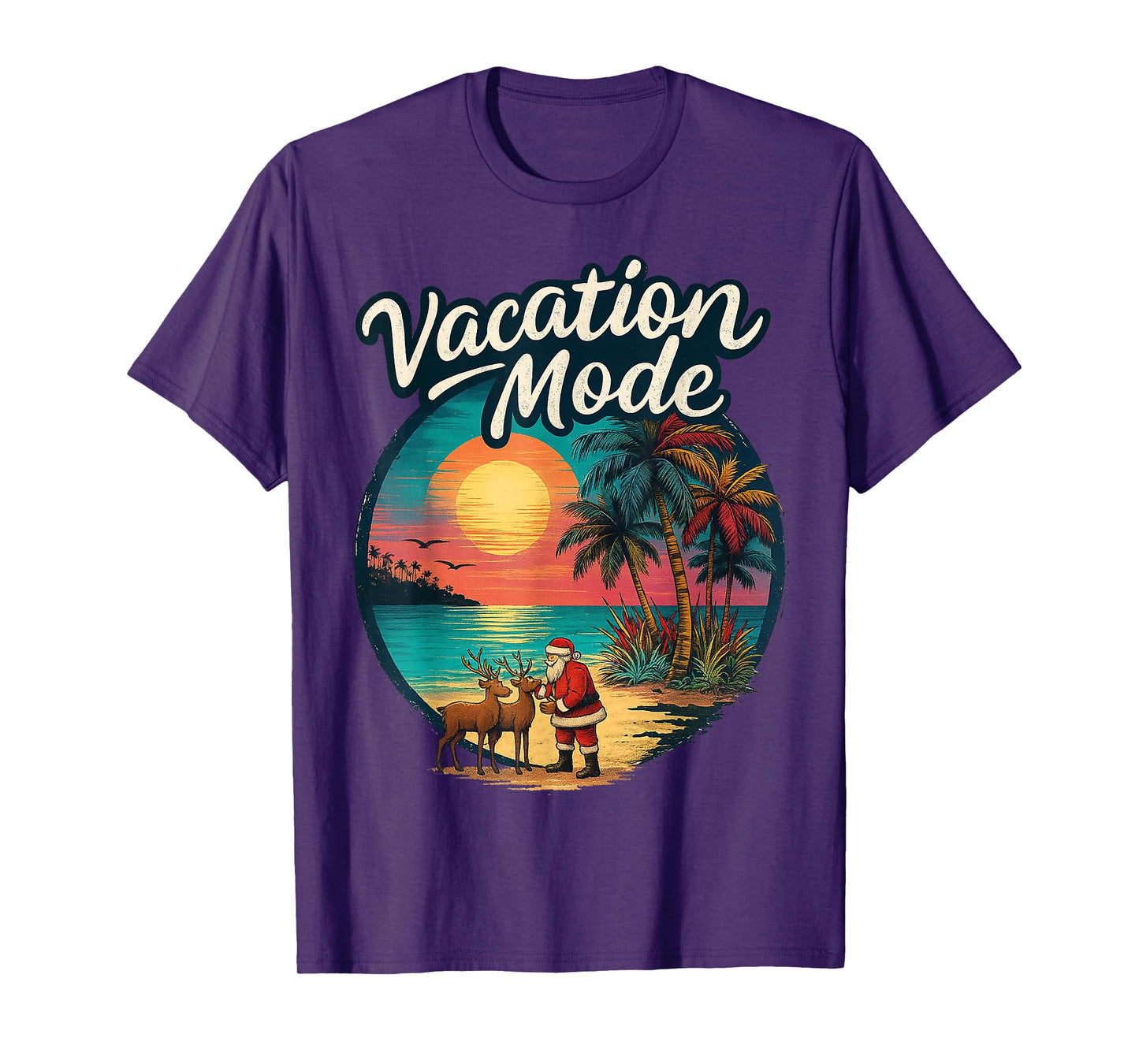 Vacation Mode in Tropical Sunset - Santa with Reindeer T-Shirt