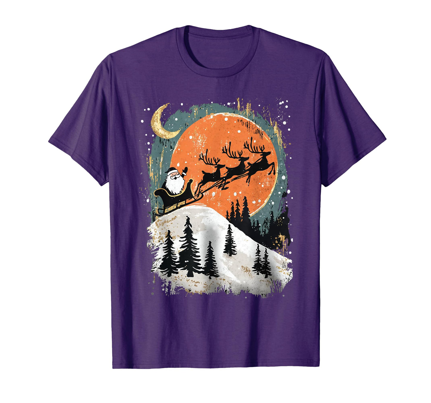 Retro Christmas Santa Reindeer Sleigh Christmas Moon Vintage T-Shirt