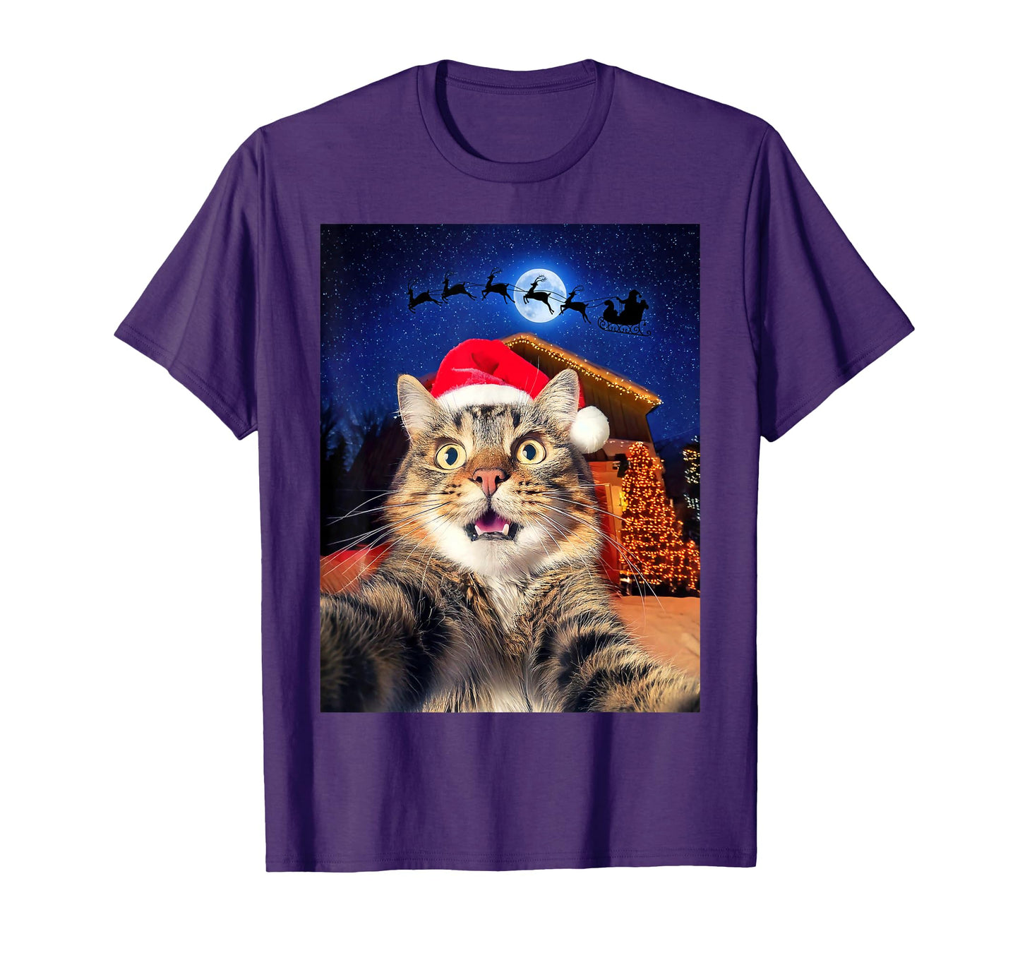 Cat Selfie with Santa, Reindeer, and Sleigh Funny Christmas T-Shirt